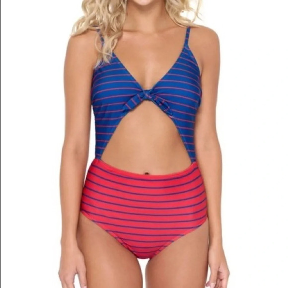 HOT WATER Fiesta Red & French Blue Stripe High-Waist Monokini XL - Picture 2 of 13